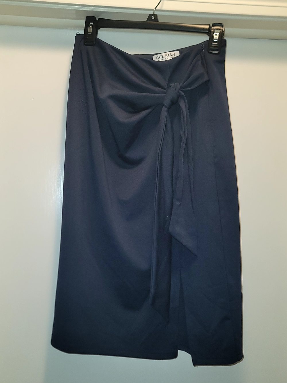 Kate Kasin Navy Tie-Waist Midi Skirt Medium